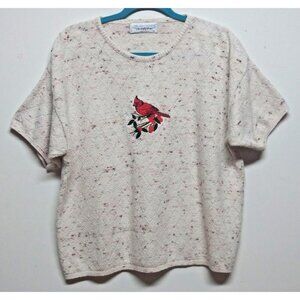 VTG Textured Sweater top Chelsea Gardens XL Embroidered red Cardinal short sleev